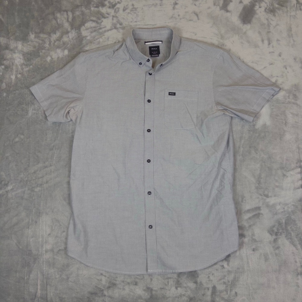 RVCA Short Sleeve Shirt Mens XL Gray Slim Fit Button Down Oxford Casual Pocket